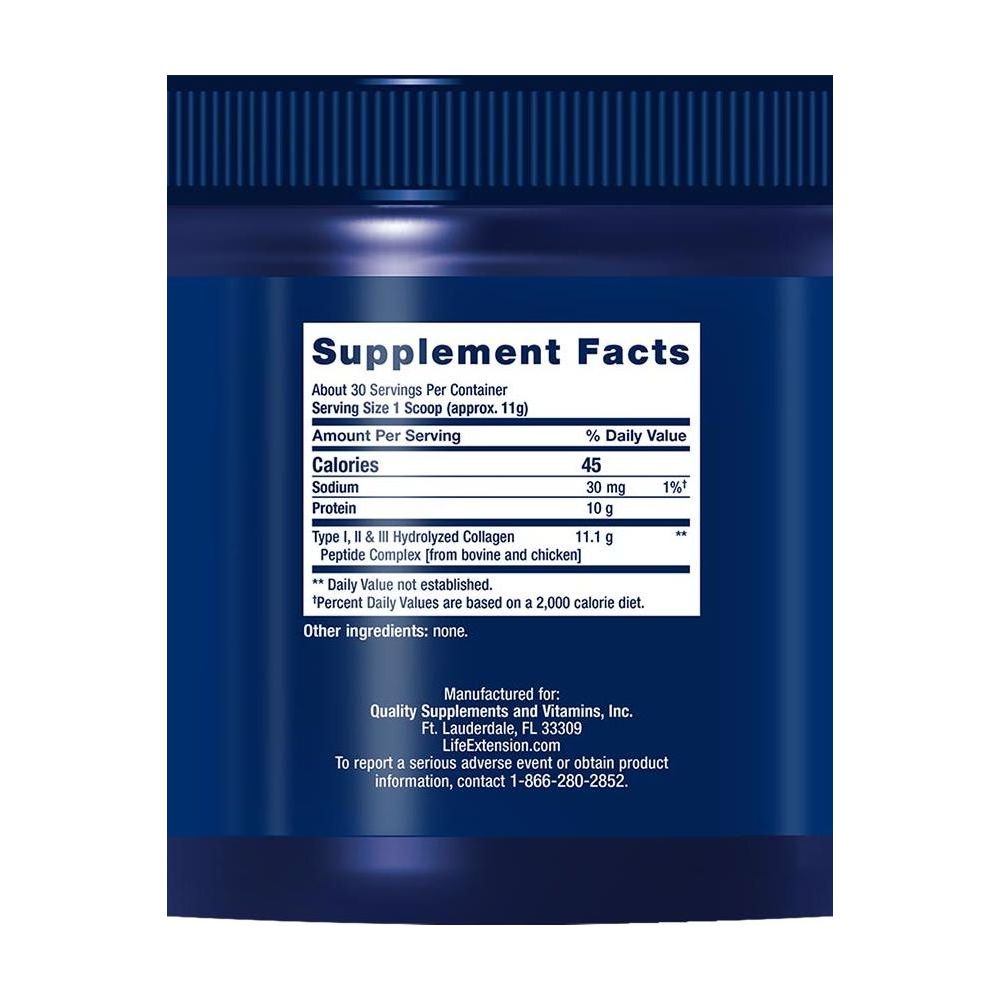 Supplement facts for Life Extension Collagen Peptides, detailing serving size, calories, and collagen types.