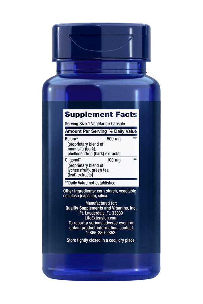 Supplement facts label on a blue bottle of Life Extension Cortisol-Stress Balance veg capsules.