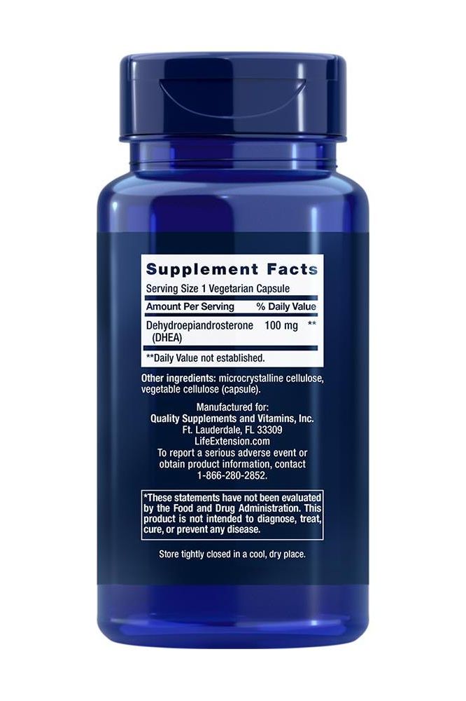 Life Extension DHEA 100 mg supplement facts on blue container, 60 vegetarian capsules.