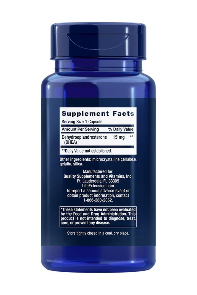 Life Extension DHEA 15 mg supplement facts label on blue bottle