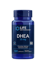 Life Extension DHEA 25 mg dietary supplement in blue bottle, 100 capsules for optimal hormone support.