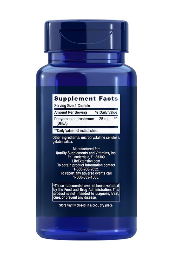 Life Extension DHEA 25 mg supplement facts label on blue bottle with serving size information and ingredients.