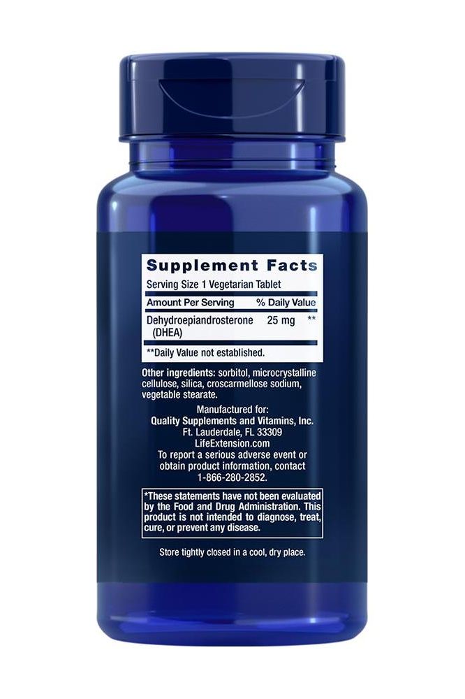 Life Extension DHEA 25 mg dissolve-in-mouth tablet bottle with supplement facts and serving size details.