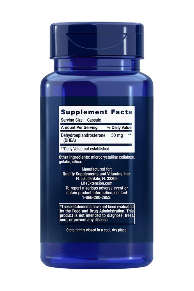 Life Extension DHEA 50 mg capsule bottle showing supplement facts and ingredients.