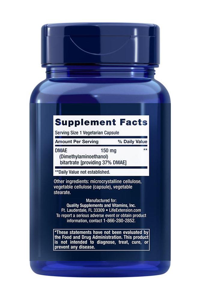 Life Extension DMAE Bitartrate supplement facts label on blue bottle