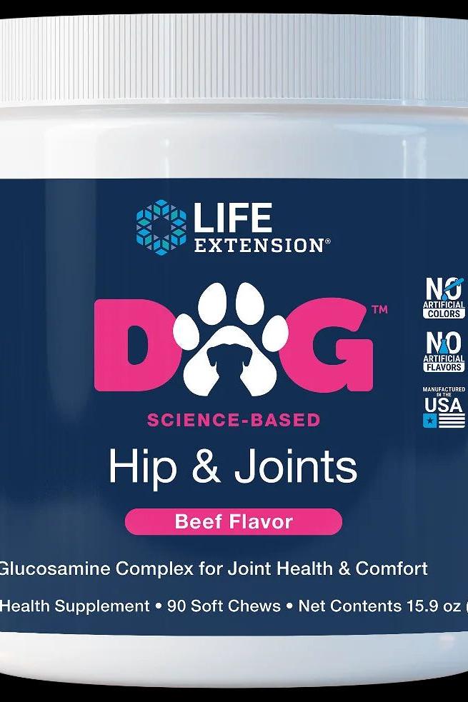 Life Extension Dog Hip & Joints supplement with beef flavor, supports joint health in dogs, 90 soft chews.