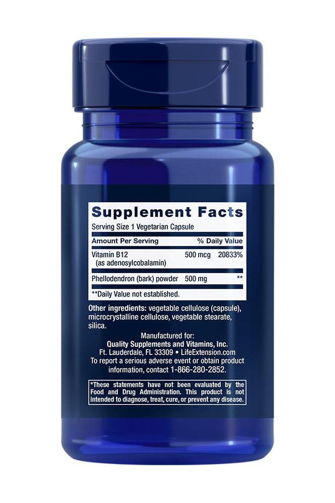 Supplement facts label on Life Extension Dopamine Advantage 30 Veg Capsules with Vitamin B12.