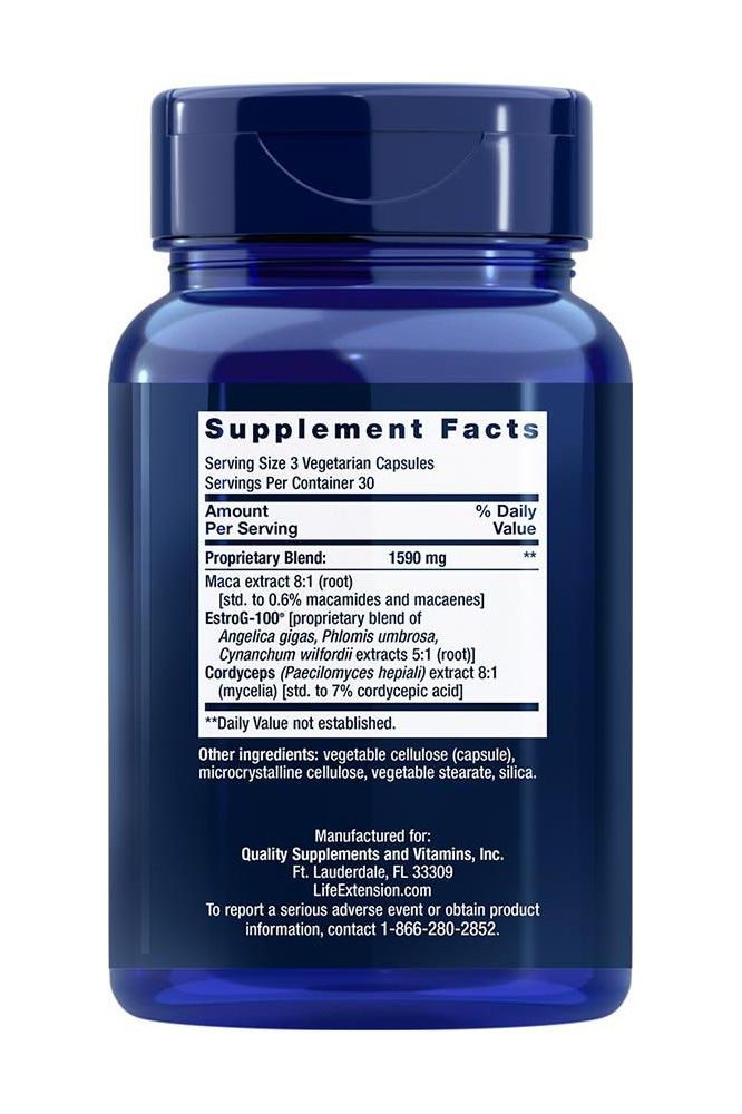 Life Extension Enhanced Sex for Women 50+, 90 veg capsules, supplement facts and ingredients on label.