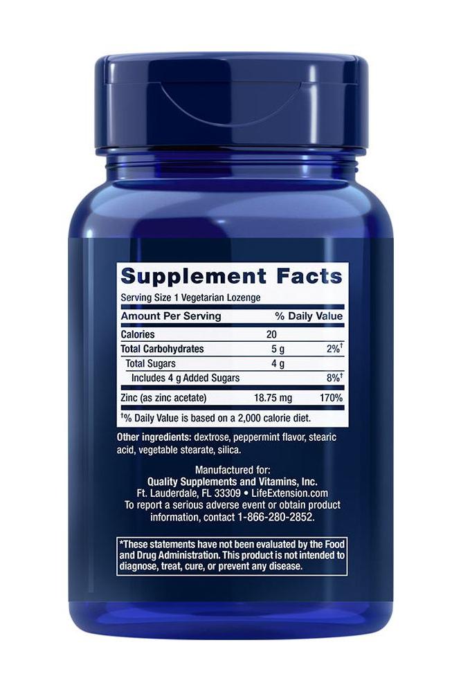 Supplement facts label of Life Extension Enhanced Zinc lozenges, showing nutritional information and serving size.