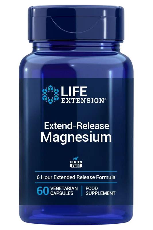 Life Extension Extend-Release Magnesium capsules in a blue bottle, supports heart health and energy production.