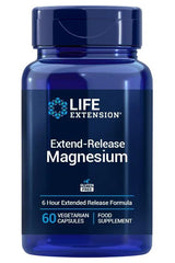 Life Extension Extend-Release Magnesium capsules in a blue bottle, supports heart health and energy production.