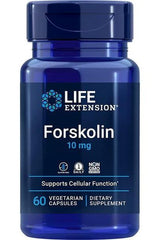 Life Extension Forskolin 10mg supplement bottle featuring 60 vegetarian capsules for cellular support.