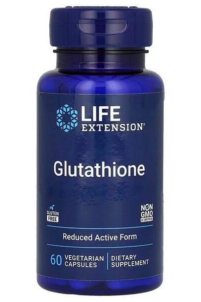 Life Extension Glutathione supplement bottle, 60 vegetarian capsules, powerful antioxidant for immune support.