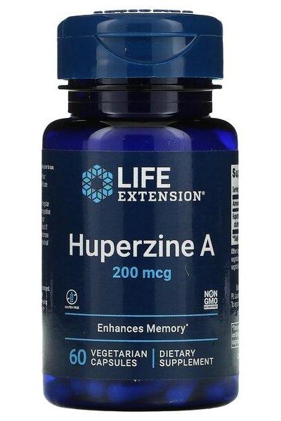 Life Extension Huperzine A 200mcg supplement bottle, enhances memory with 60 vegetarian capsules.