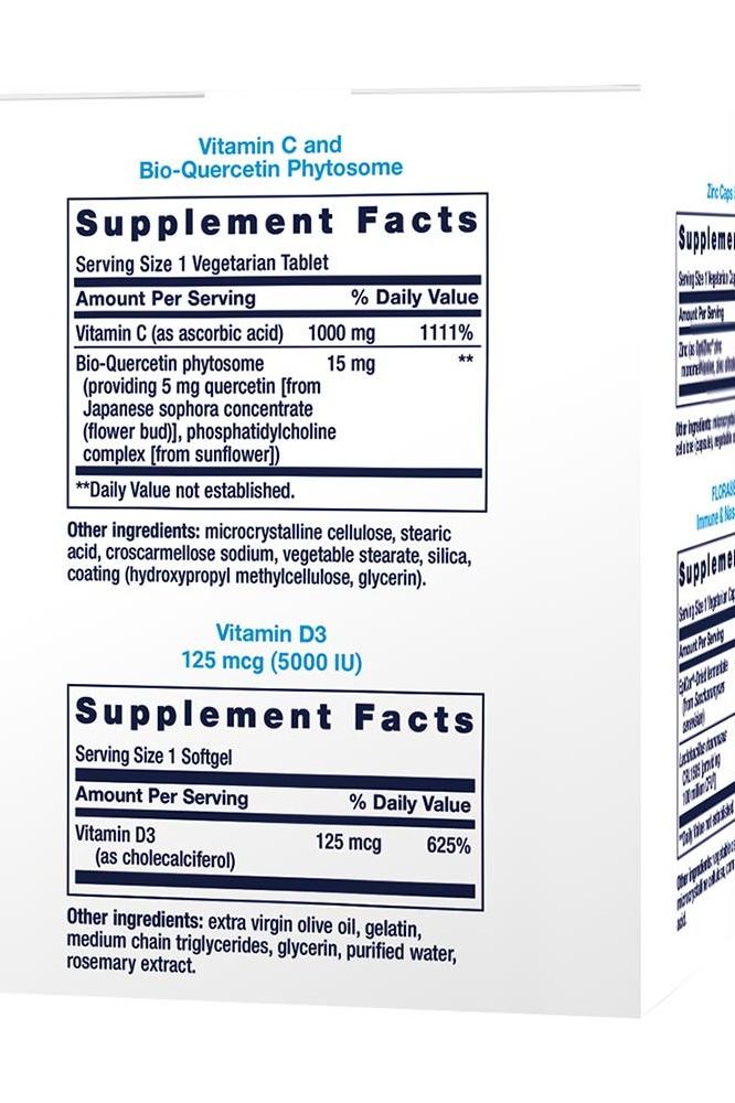 Supplement facts label for Vitamin C, Bio-Quercetin, and Vitamin D3, highlighting ingredients and daily values.