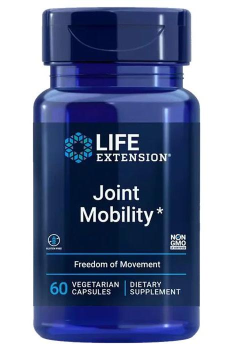 Life Extension Joint Mobility dietary supplement for joint health, featuring 60 vegetarian capsules in a blue bottle.