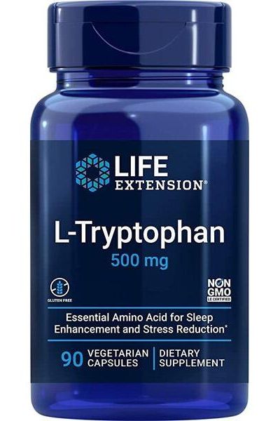 Life Extension L-Tryptophan 500mg vegetarian capsules, 90 count for improved sleep and enhanced mood.