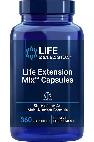 Life Extension Mix Capsules bottle, 360 count, high-quality vitamins and minerals, dietary supplement for optimal health.