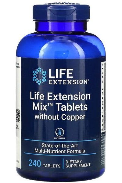 Life Extension Mix Tablets without Copper in blue bottle, 240 dietary supplement tablets for optimal health support.