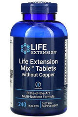 Life Extension Mix Tablets without Copper in blue bottle, 240 dietary supplement tablets for optimal health support.