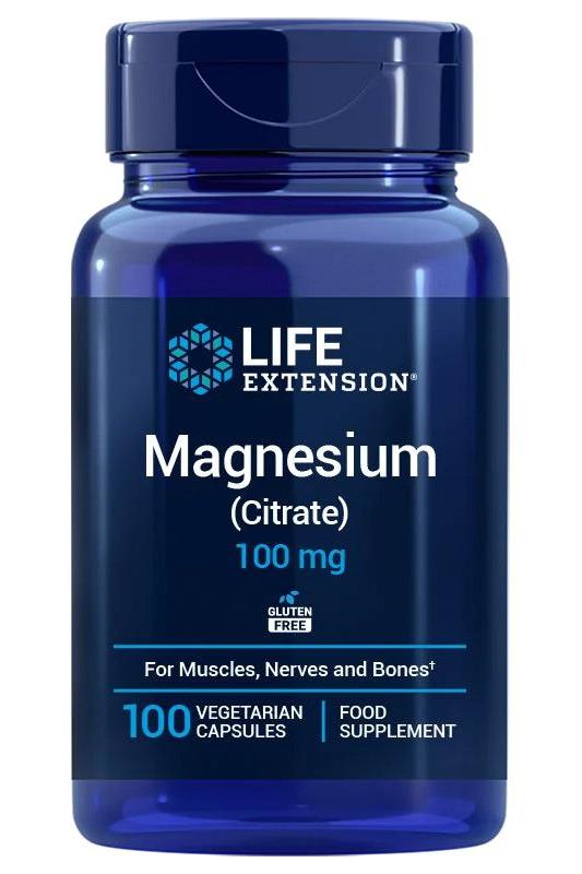 Life Extension Magnesium Citrate 100 mg supplement bottle for muscle and nerve health, gluten-free, 100 vegetarian capsules.