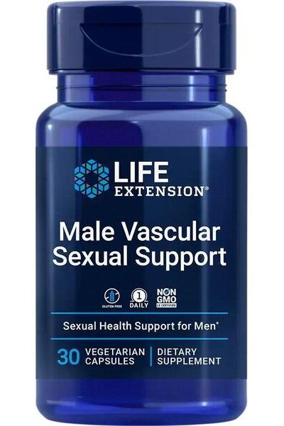 Life Extension Male Vascular Sexual Support supplement for men, 30 vegetarian capsules, promoting sexual health.