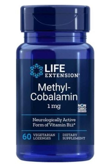 Life Extension Methylcobalamin 1 mg bottle, 60 vegetarian lozenges for B12 support, dietary supplement.