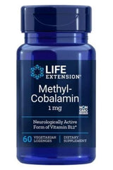 Life Extension Methylcobalamin 1 mg bottle, 60 vegetarian lozenges for B12 support, dietary supplement.