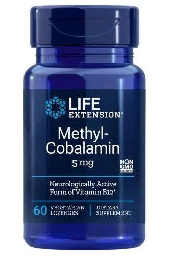 Life Extension Methyl-Cobalamin 5 mg supplement bottle, containing 60 vegetarian lozenges for vitamin B12 support.