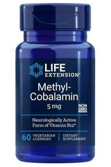 Life Extension Methyl-Cobalamin 5 mg supplement bottle, containing 60 vegetarian lozenges for vitamin B12 support.