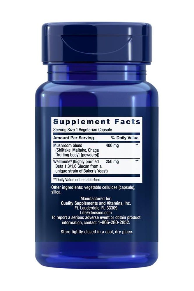 Life Extension Mushroom Immune supplement facts label showing ingredients and serving size on a blue bottle.