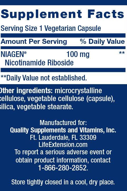 Supplement facts for Life Extension NAD+ Cell Regenerator showing 100 mg Niagen per capsule.