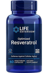 Life Extension Optimized Resveratrol bottle - 60 vegetarian capsules for healthy aging and cellular protection.
