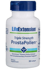 Life Extension ProstaPollen Triple Strength softgels bottle for prostate support supplement, 30 count.