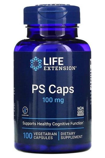 Life Extension PS Caps 100mg supplement bottle for cognitive function support, 100 vegetarian capsules.