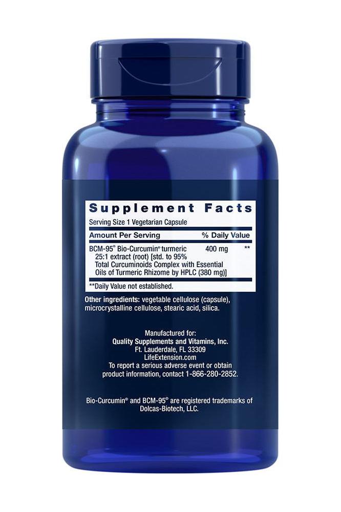 Life Extension Bio-Curcumin Turmeric Extract supplement facts label on blue bottle