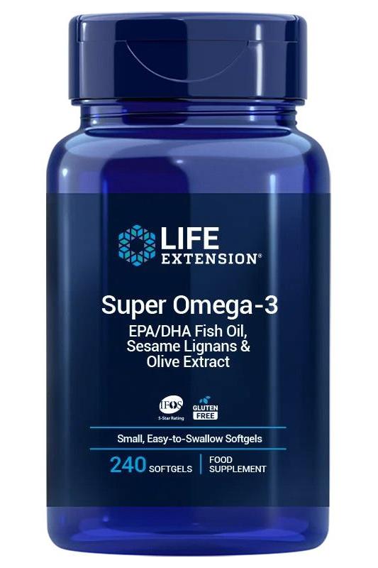 Life Extension Super Omega-3 supplement for heart and brain health, features EPA/DHA fish oil, sesame lignans, olive extract.