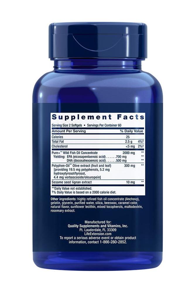 Supplement facts label for Life Extension Super Omega-3 Plus EPA/DHA fish oil supplement bottle.