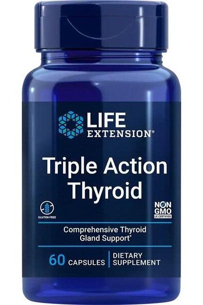 Life Extension Triple Action Thyroid supplement bottle with 60 capsules for thyroid support.