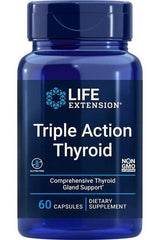 Life Extension Triple Action Thyroid supplement bottle with 60 capsules for thyroid support.
