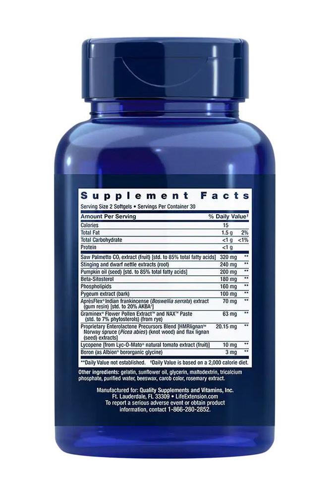 Supplement facts for Life Extension Ultra Prostate Formula softgels, including ingredients and nutritional information.