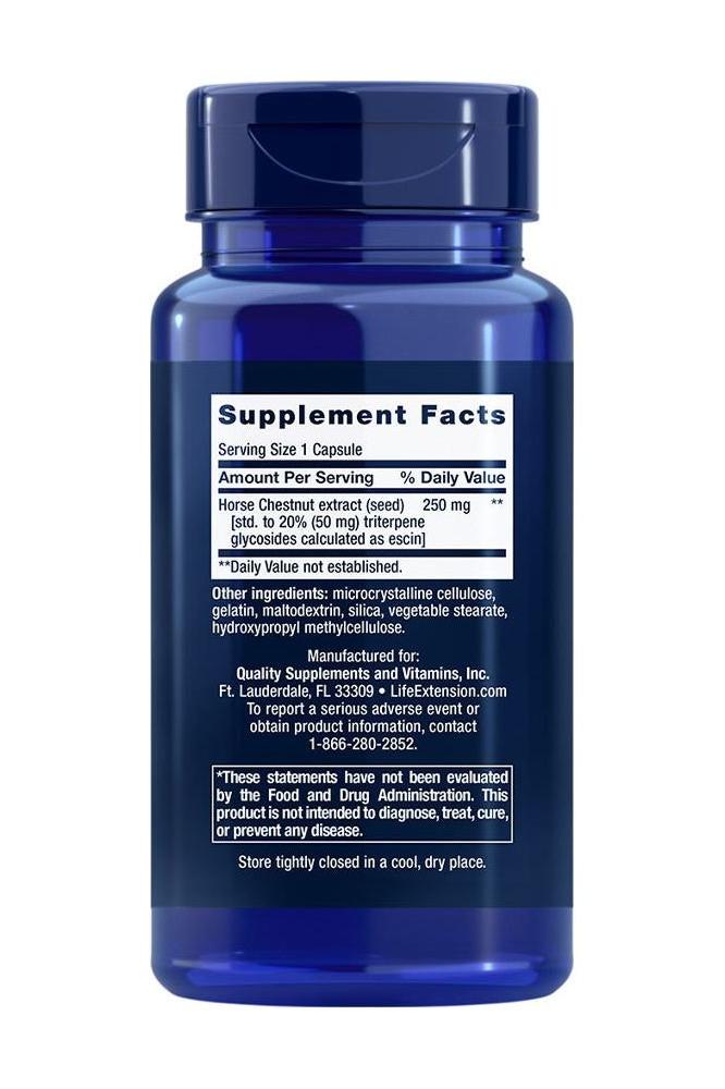 Life Extension Venotone 60 Capsules supplement facts showing horse chestnut extract and ingredients.