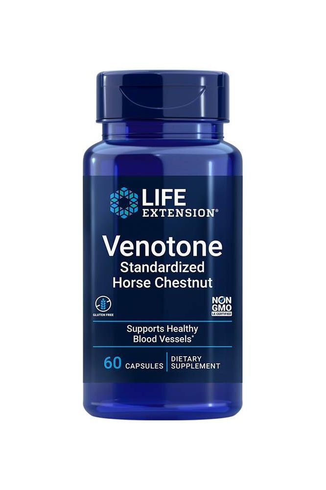 Life Extension Venotone supplement bottle with 60 capsules, supports healthy blood vessels, non-GMO.