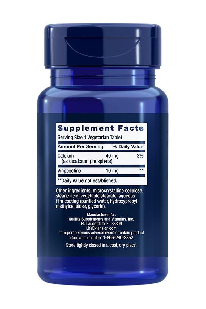 Bottle of Life Extension Vinpocetine 10 mg with supplement facts and serving size information.