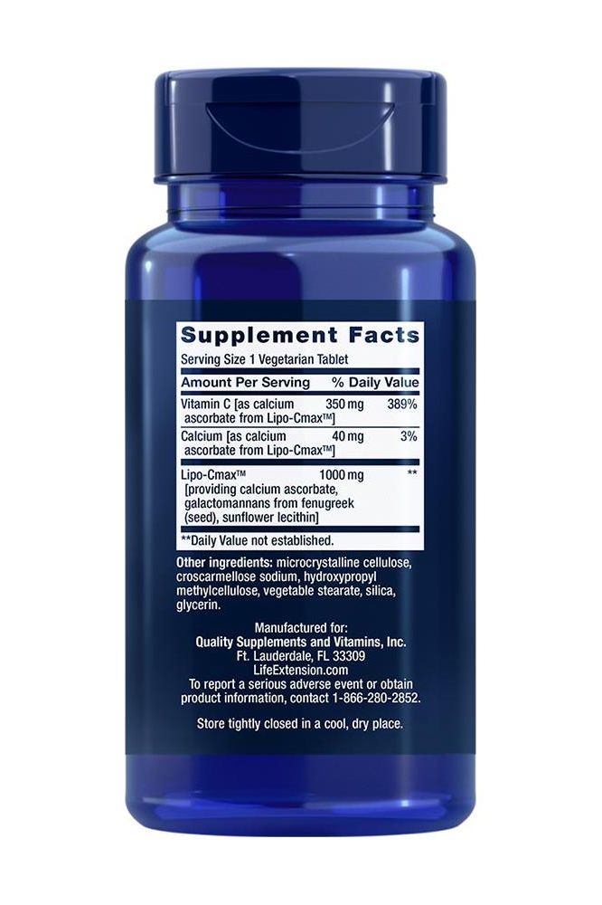 Life Extension Vitamin C 24-Hour Liposomal Hydrogel supplement facts on blue bottle, 60 vegetarian tablets.