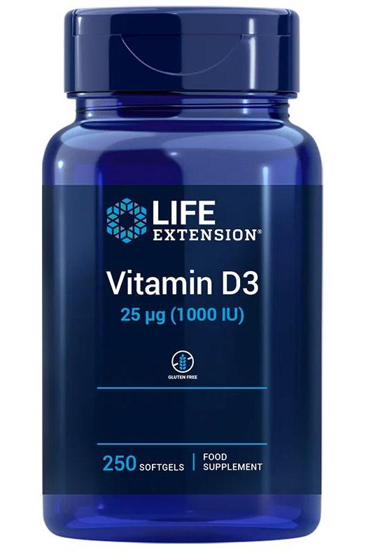 Life Extension Vitamin D3 supplement bottle with 250 softgels for immune and bone health support.