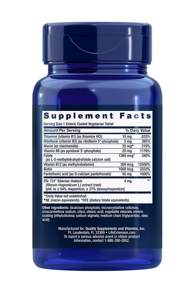 Blue supplement bottle back label with vitamin details and serving facts for Youthful Woman 40+ B-Complex.