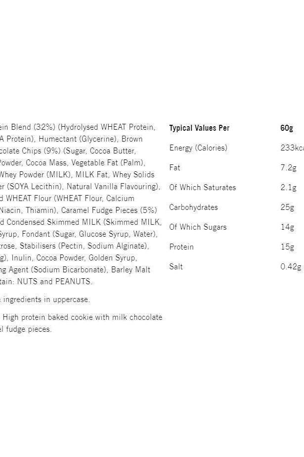 Nutrition label for Mars HI-PROTEIN Cookie Chocolate Caramel, showing calories, fat, protein, and ingredients per 60g.