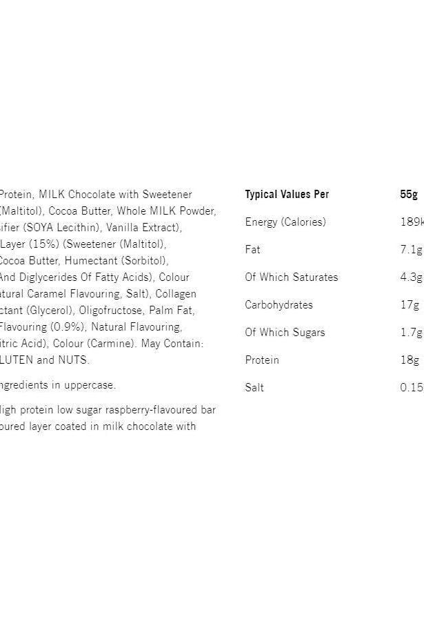 Nutrition label for Mars HI-PROTEIN low sugar Raspberry bar, showing calories, fat, carbohydrates, and protein content.