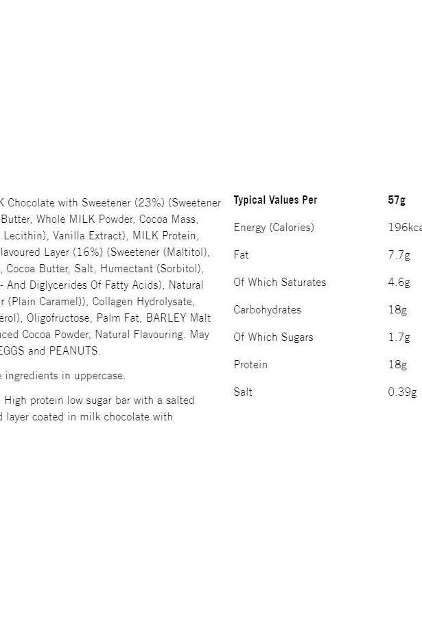 Nutrition information for Mars HI-PROTEIN Low Sugar Salted Caramel Bar, detailing calories and ingredients.